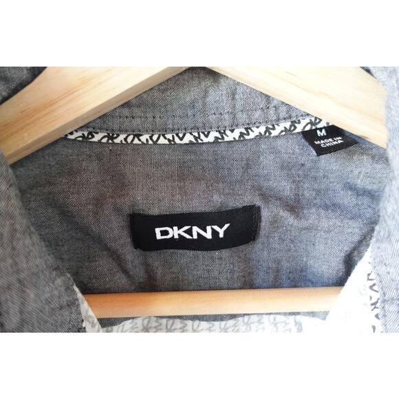 DKNY Shirt Mens Medium Black White Long Sleeve Button Up Allover Logo Pattern - Picture 2 of 8